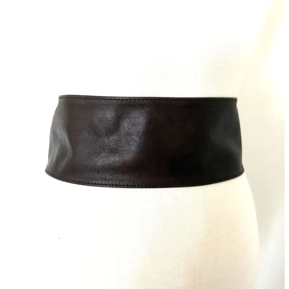Max Mara Brown Leather Wide Waist Belt Brown Tone Buckle Made In Italy Luxury S